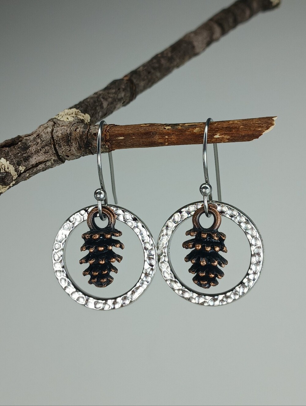 Mixed Metal Pinecone Earrings Hammered Silver Copper Woodland Hand Crafted - Picture 3 of 6